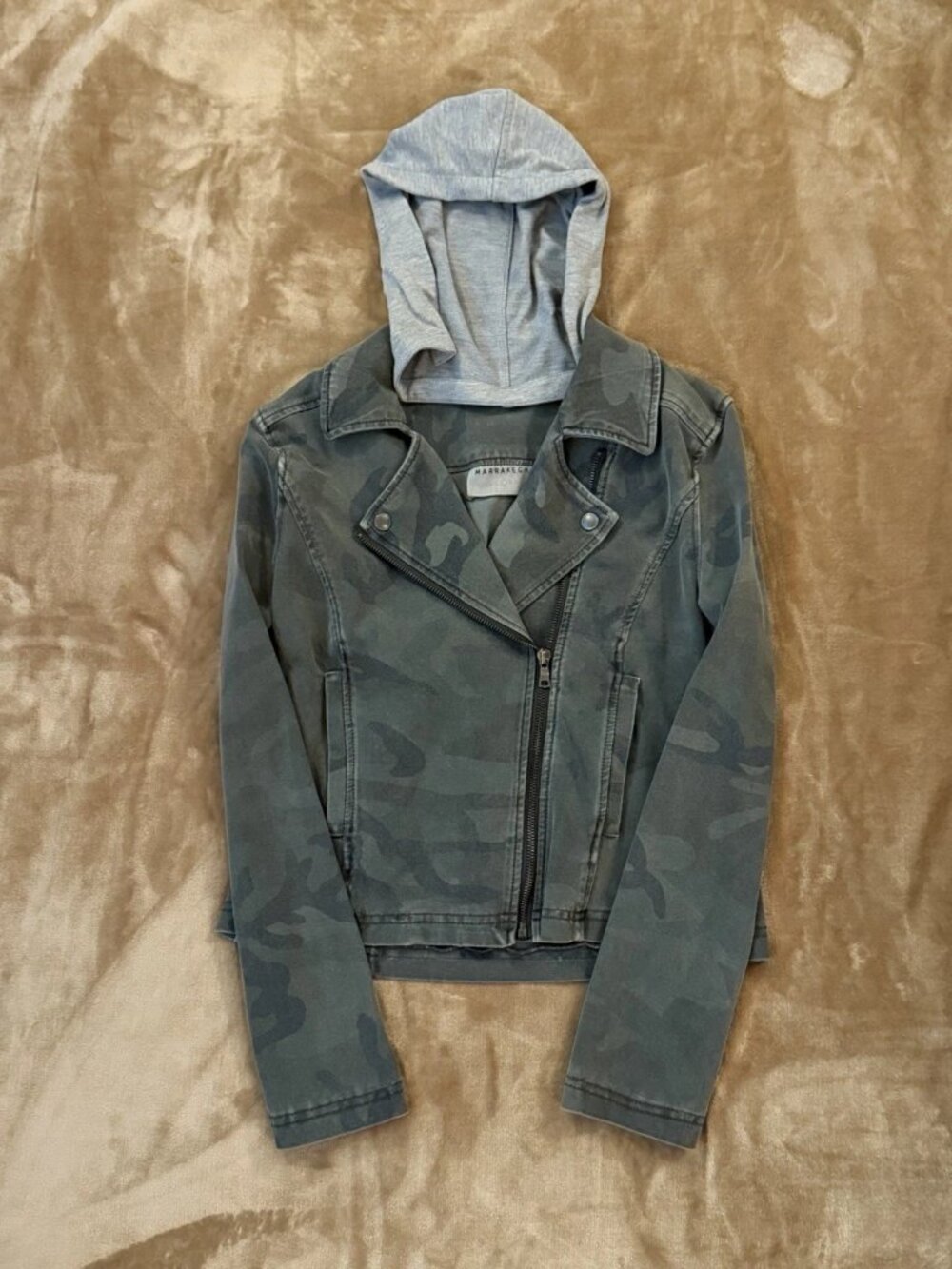 Marrakech Women's Small Camo Moto Jacket Removable Hood Asymmetrical Zip